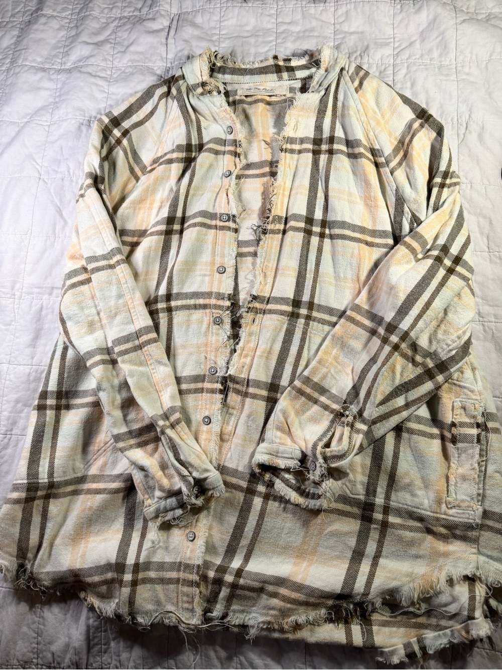We The Free Distressed Plaid Shirt Jacket in Cream, Brown and Yellow